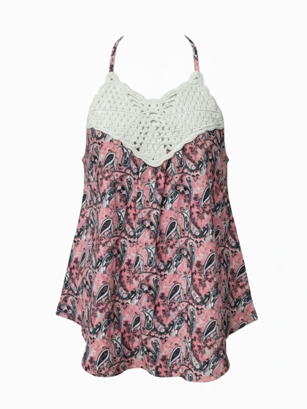 Love On A Hanger Boho Pink Paisley Top with Crochet Accent